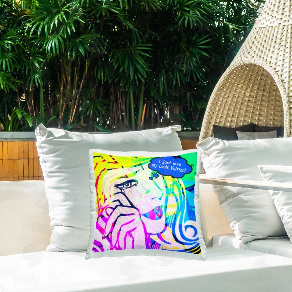 Graffitee Studios Pop Comic Style Glam Outdoor Quick-Dry Polyester Printed Throw Pillow in Back Yard