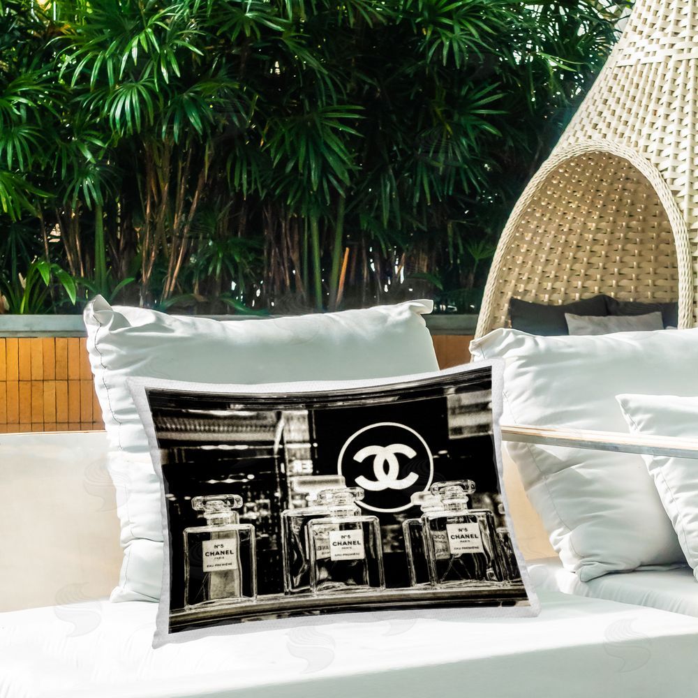 Graffitee Studios Monochrome Perfumes Display Outdoor Quick-Dry Polyester Printed Throw Pillow in Back Yard