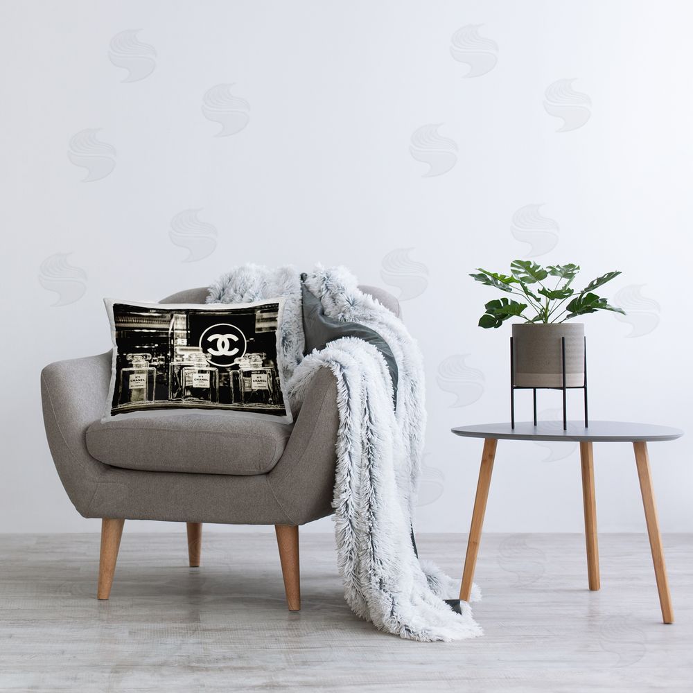 Graffitee Studios Monochrome Perfumes Display Printed Plush Polyester Throw Pillow On Chair