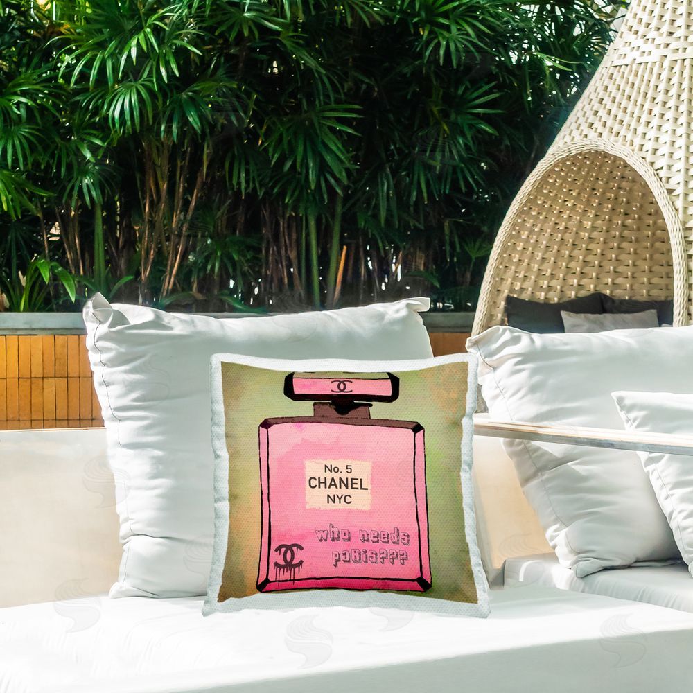 Graffitee Studios Who Needs Paris Glam Perfume Outdoor Quick-Dry Polyester Printed Throw Pillow in Back Yard