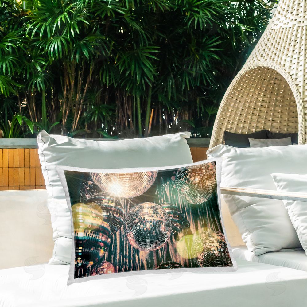 Graffitee Studios Disco Balls with Bokeh Outdoor Quick-Dry Polyester Printed Throw Pillow in Back Yard