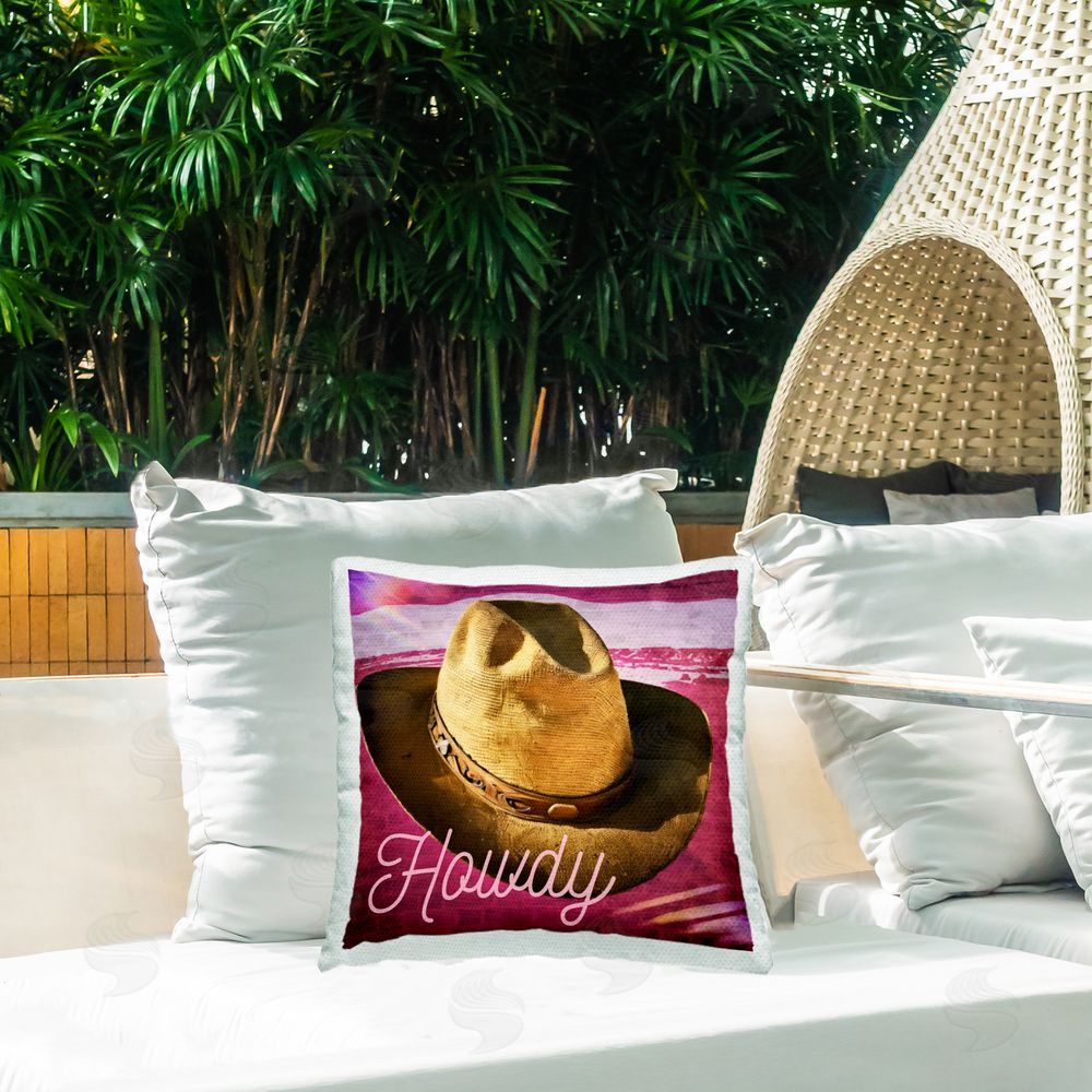 Graffitee Studios Howdy Cowboy Hat on Pink Outdoor Quick-Dry Polyester Printed Throw Pillow in Back Yard
