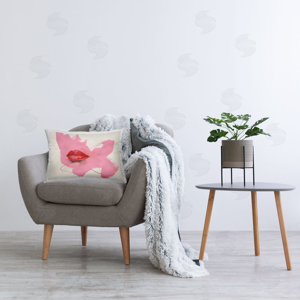 Daniel Houston Red Lips on Pink Printed Plush Polyester Throw Pillow On Chair