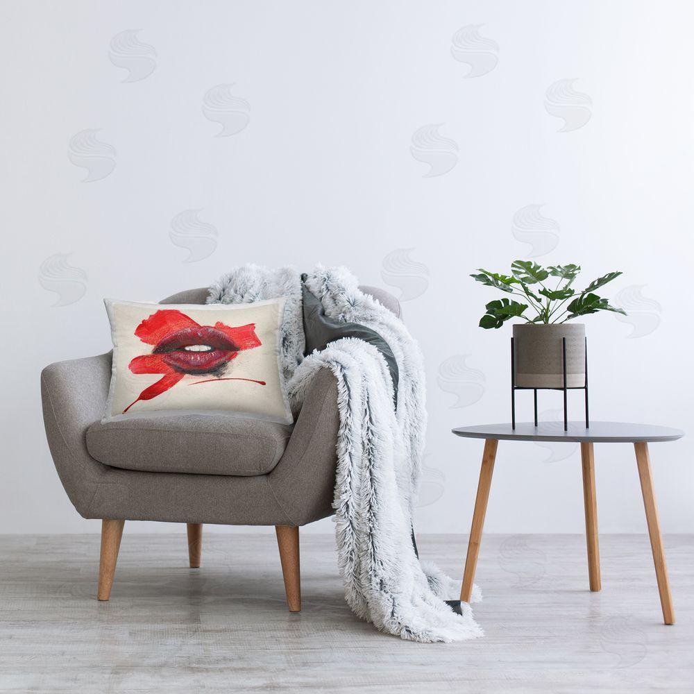 Daniel Houston Red Lips Paint Streak Printed Plush Polyester Throw Pillow On Chair