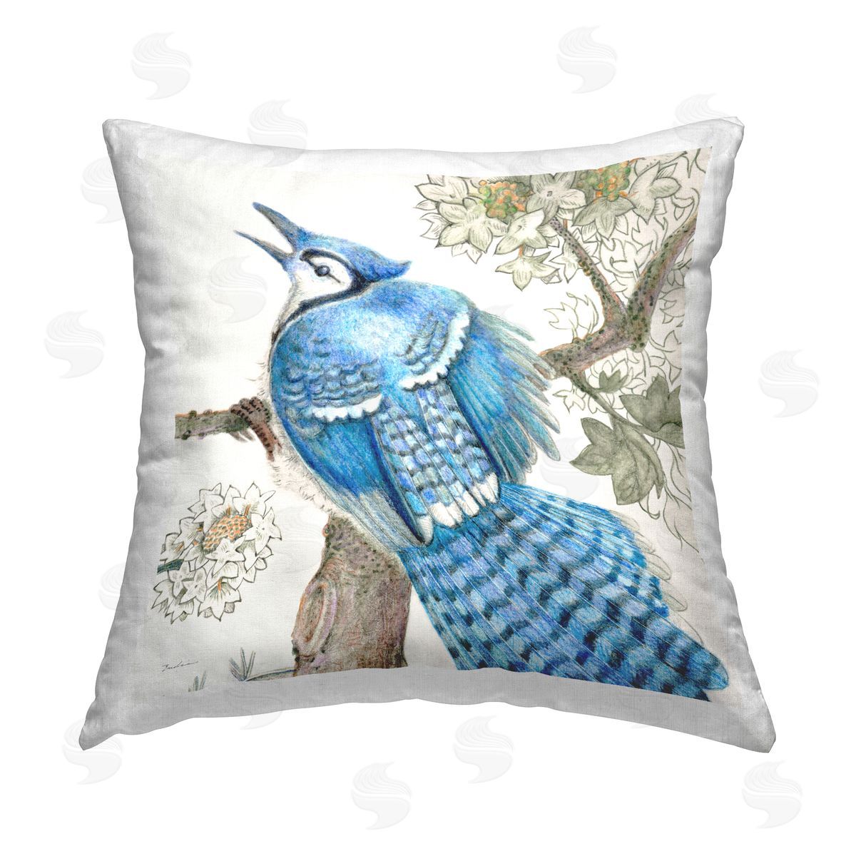 Evelia Designs Rhododendron & Blue Jay Printed Plush Polyester Throw Pillow