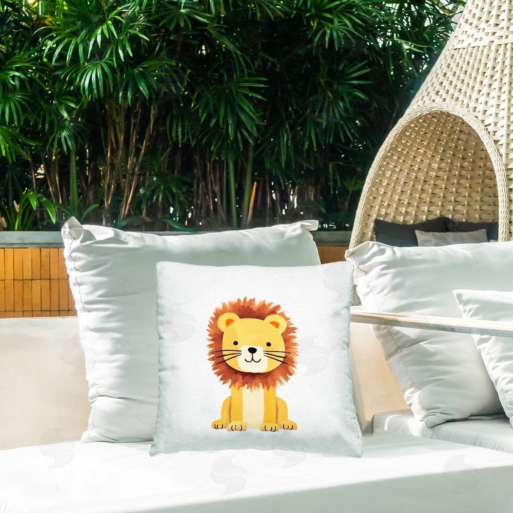 Andrea Haase Sitting Baby Lion Cub Outdoor Quick-Dry Polyester Printed Throw Pillow in Back Yard