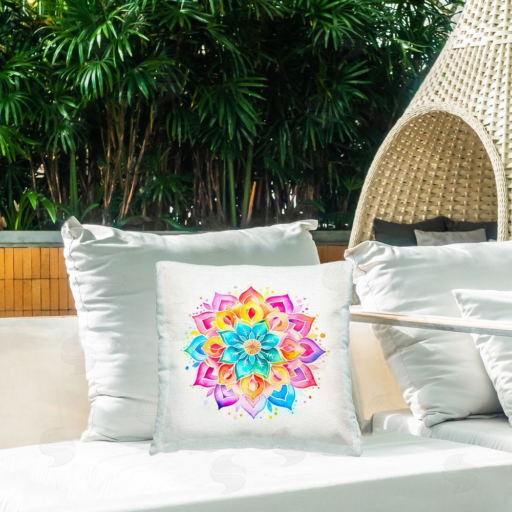 Andrea Haase Bright Rainbow Mandala Outdoor Quick-Dry Polyester Printed Throw Pillow in Back Yard