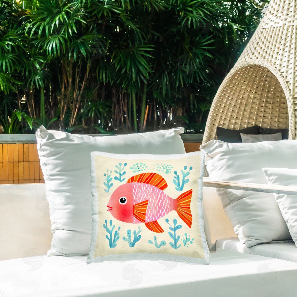 Andrea Haase Happy Fish & Seaweed Sprigs Outdoor Quick-Dry Polyester Printed Throw Pillow in Back Yard