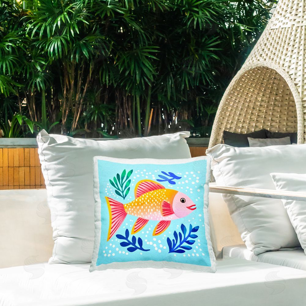Andrea Haase Whimsical Fish & Seaweed Outdoor Quick-Dry Polyester Printed Throw Pillow in Back Yard