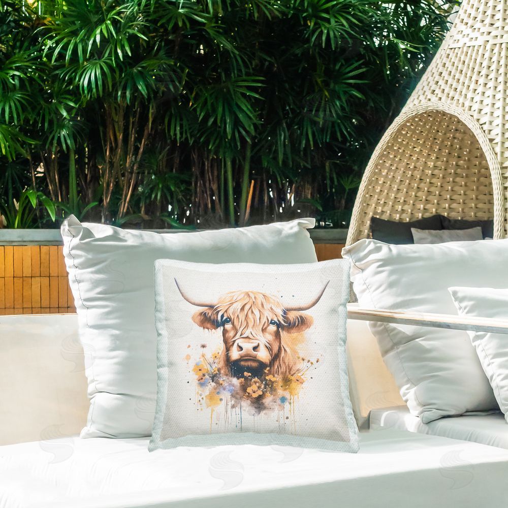 Andrea Haase Fancy Florals Highland Cow Outdoor Quick-Dry Polyester Printed Throw Pillow in Back Yard