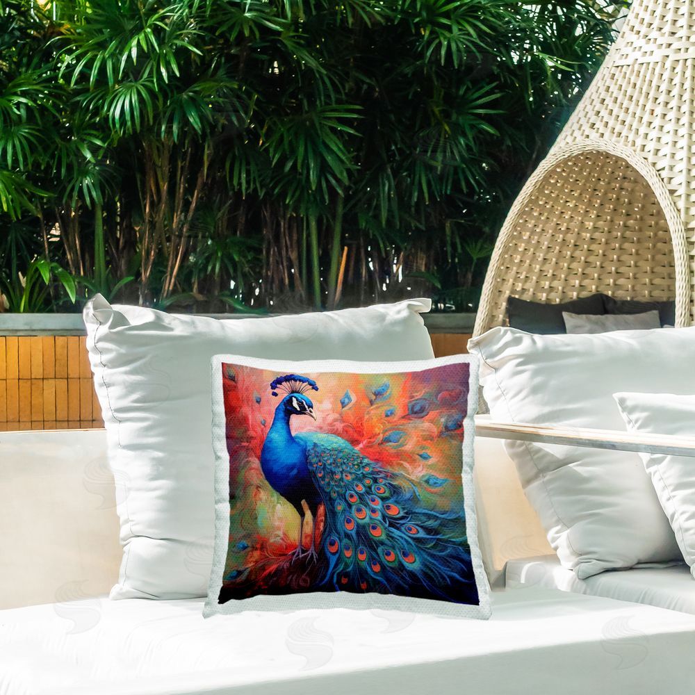 Lazar Studio Feathered Fantasy Peacock Outdoor Quick-Dry Polyester Printed Throw Pillow in Back Yard