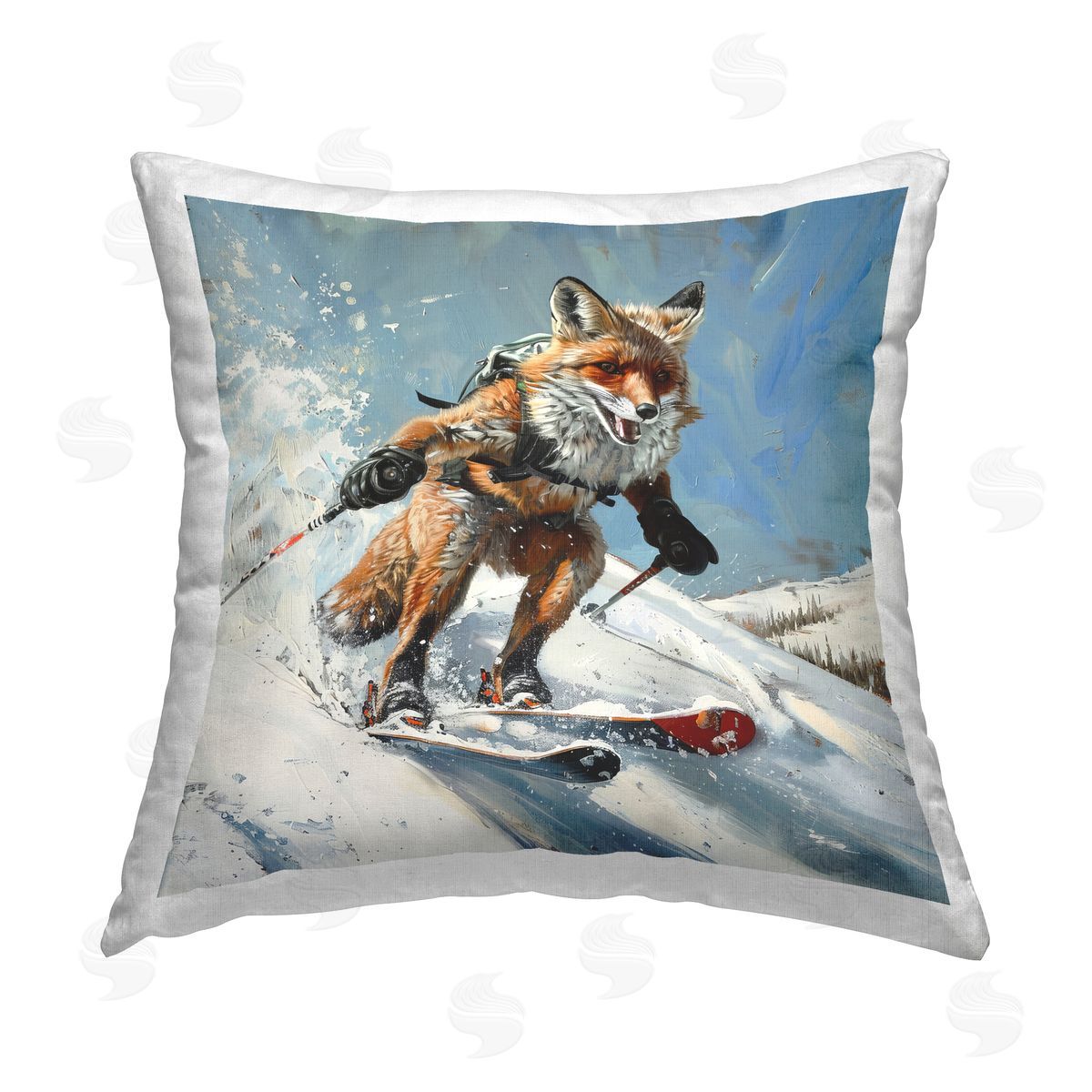 Lazar Studio Skiing Slopes Fox Printed Plush Polyester Throw Pillow