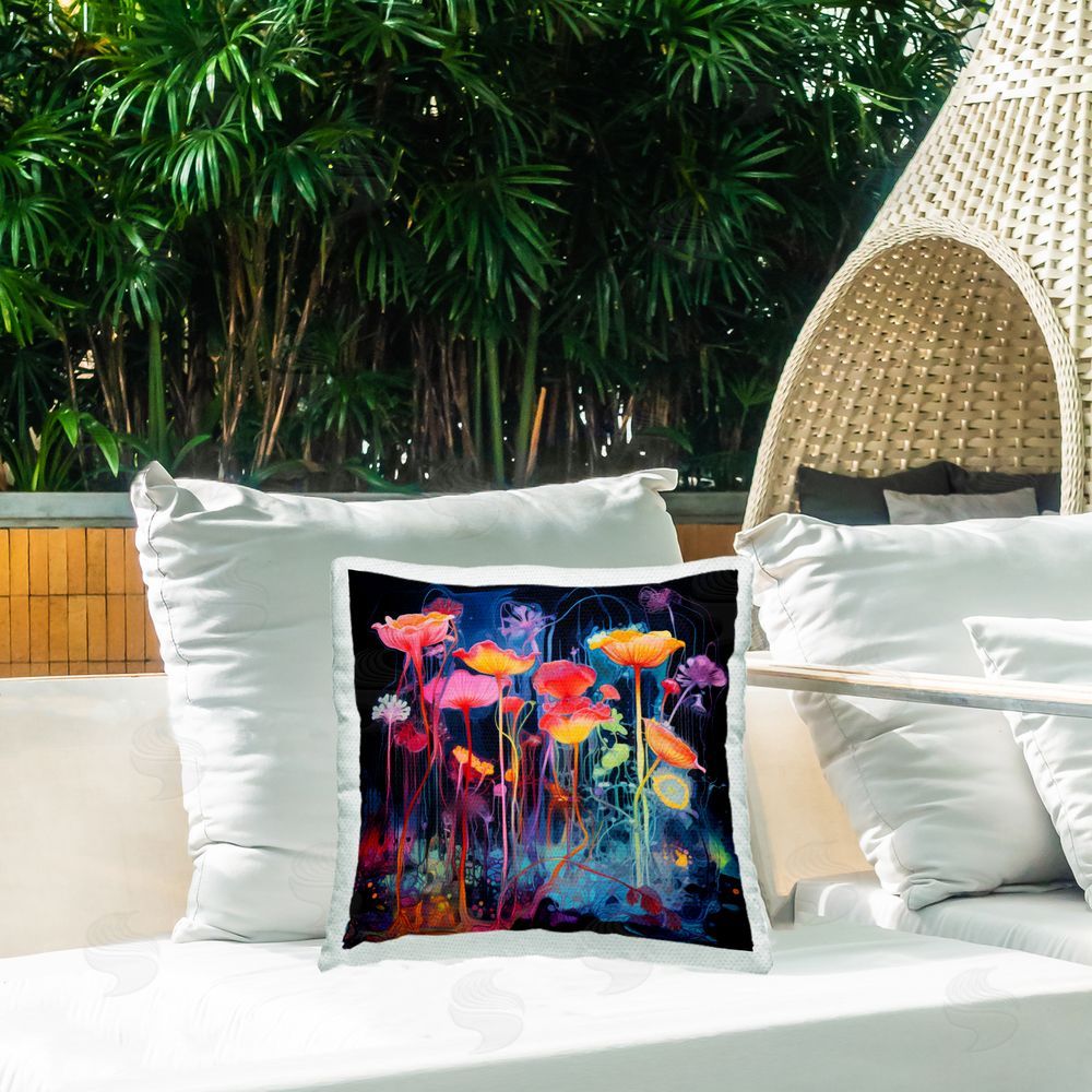 Nuk Nalandro Abstract Hued Blossoms Outdoor Quick-Dry Polyester Printed Throw Pillow in Back Yard