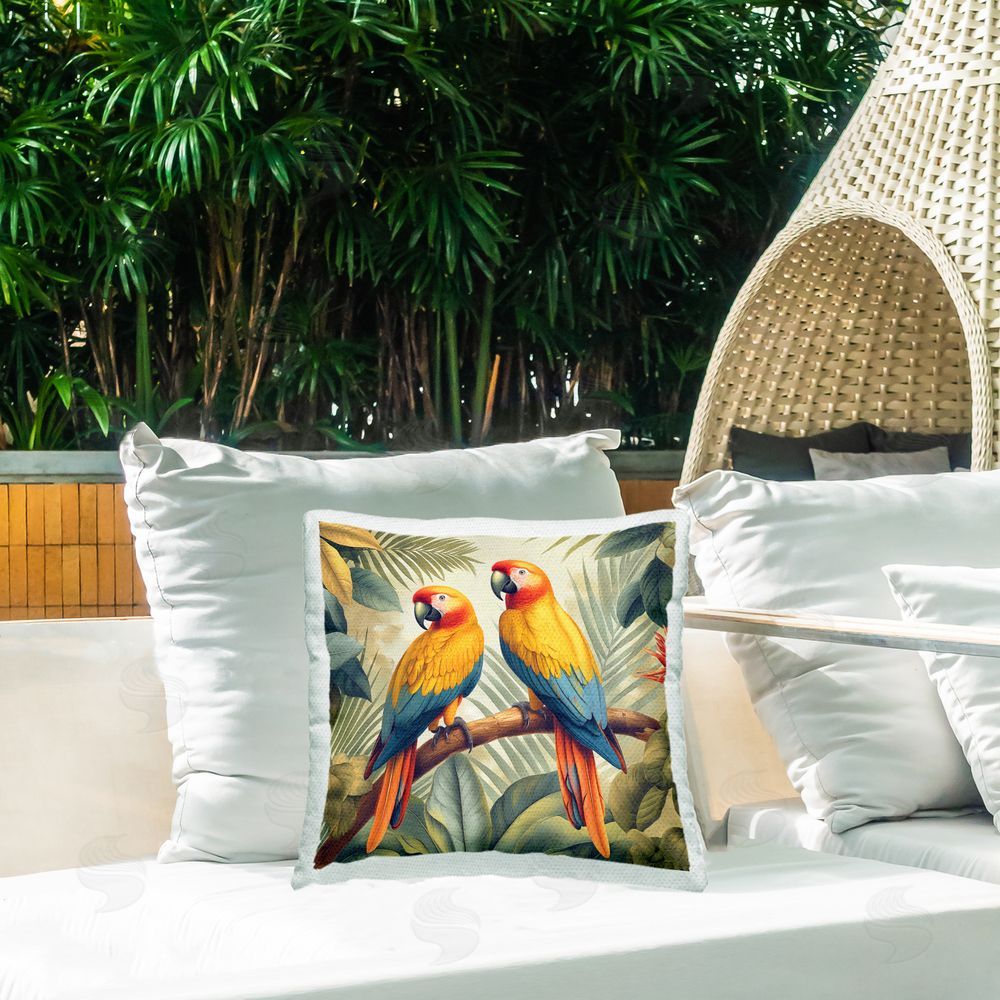 Steve Hunziker Parrot Duo on Branch Outdoor Quick-Dry Polyester Printed Throw Pillow in Back Yard