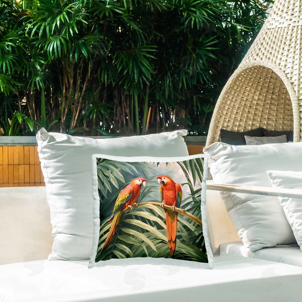 Steve Hunziker Parrot Duo in Rainforest Outdoor Quick-Dry Polyester Printed Throw Pillow in Back Yard