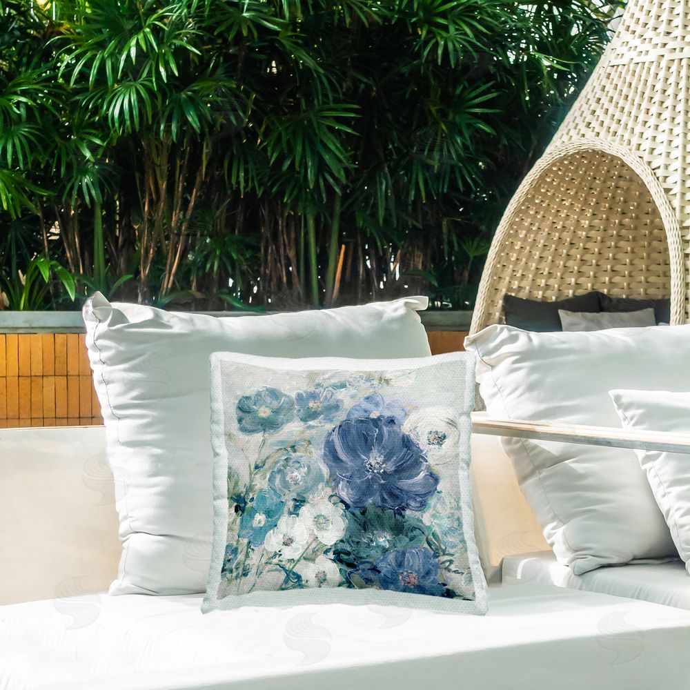 Sally Swatland Painterly Brushed Flowers Outdoor Quick-Dry Polyester Printed Throw Pillow in Back Yard