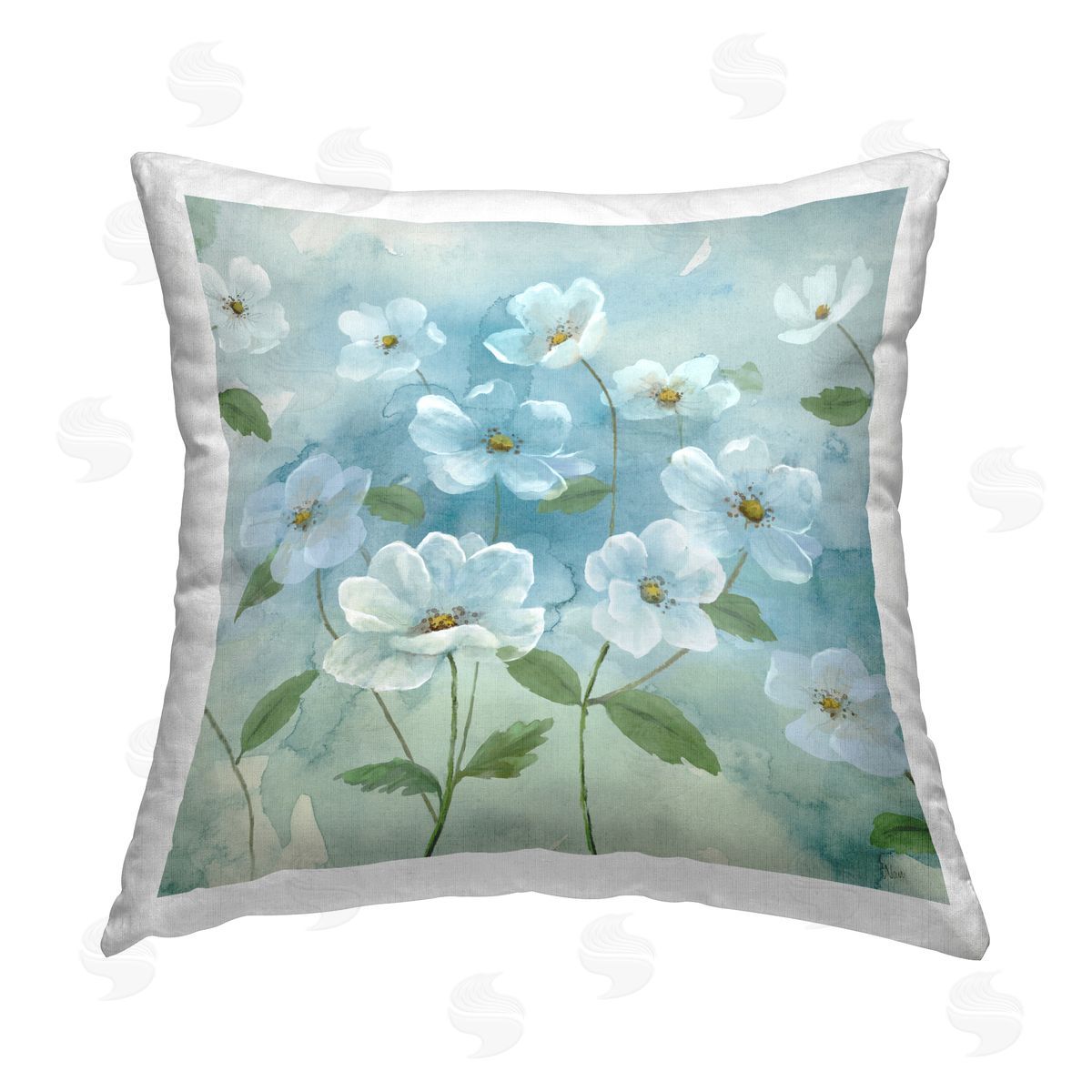 Nan Lovely Flowers on Blue Printed Plush Polyester Throw Pillow