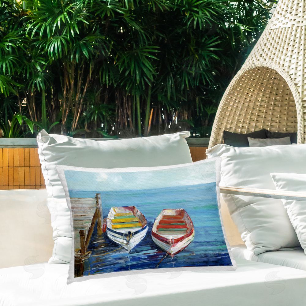Sally Swatland Twin Boats by Dock Outdoor Quick-Dry Polyester Printed Throw Pillow in Back Yard