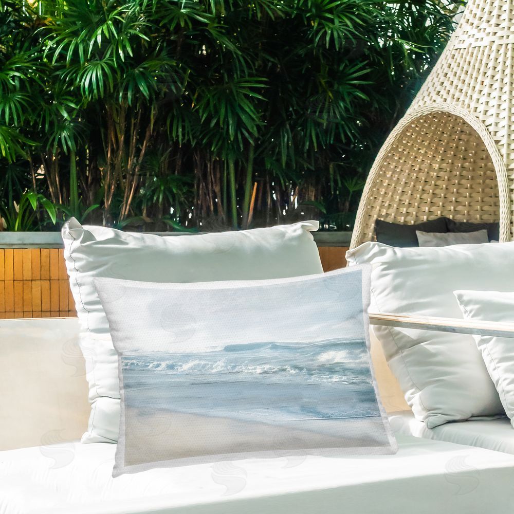 Mike Calascibetta Calm Blue Beach Waves Outdoor Quick-Dry Polyester Printed Throw Pillow in Back Yard
