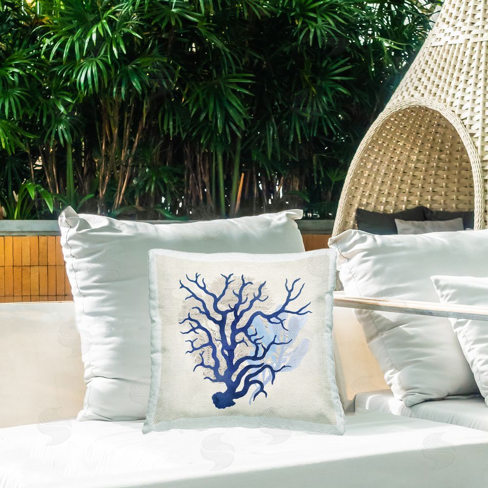 Susan Arnot Blue Coral Branches Outdoor Quick-Dry Polyester Printed Throw Pillow in Back Yard