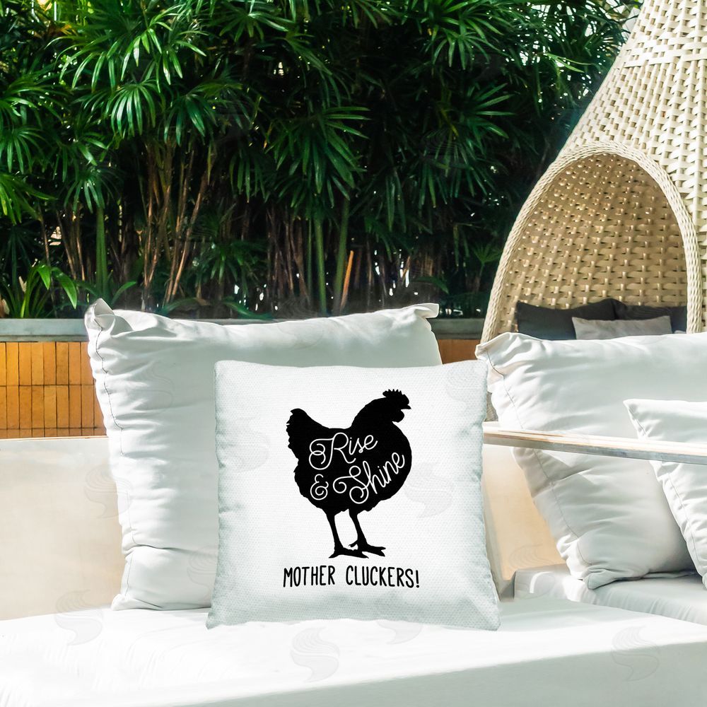 Conrad Knutsen Sassy Rise & Shine Rooster Outdoor Quick-Dry Polyester Printed Throw Pillow in Back Yard