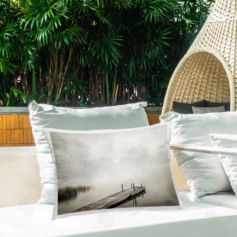 Peter Hawkins Mysterious Foggy Lake Dock Outdoor Quick-Dry Polyester Printed Throw Pillow in Back Yard