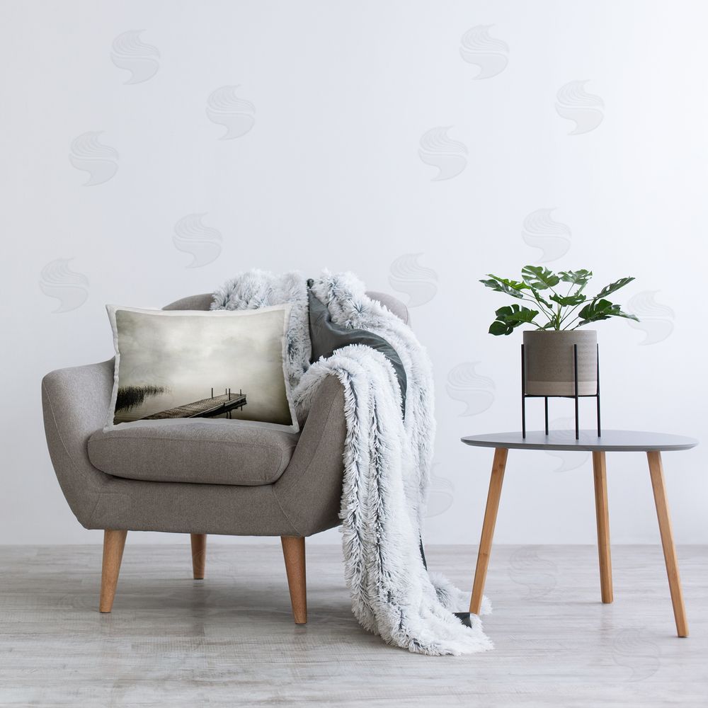 Peter Hawkins Mysterious Foggy Lake Dock Printed Plush Polyester Throw Pillow On Chair