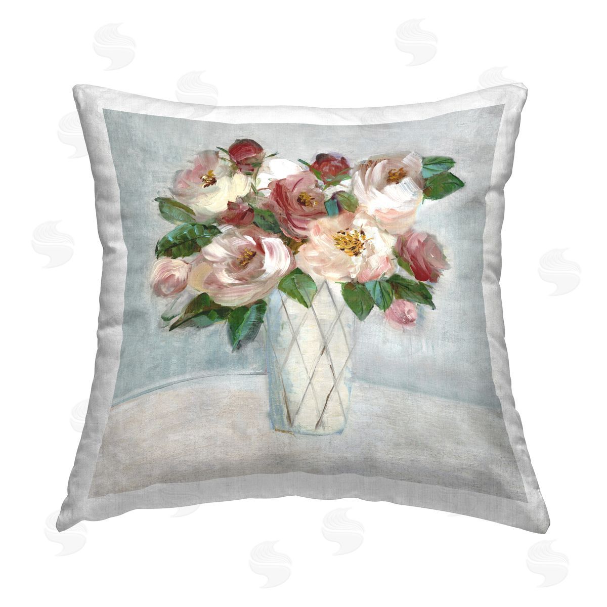 Sally Swatland Romantic Pink & Red Bouquet Printed Plush Polyester Throw Pillow