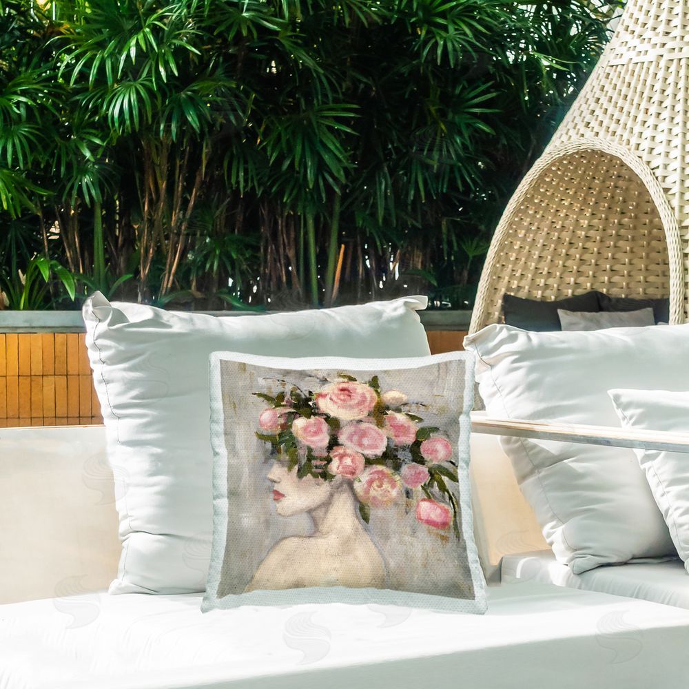 Charity Henderson Peonies Headdress Woman Outdoor Quick-Dry Polyester Printed Throw Pillow in Back Yard