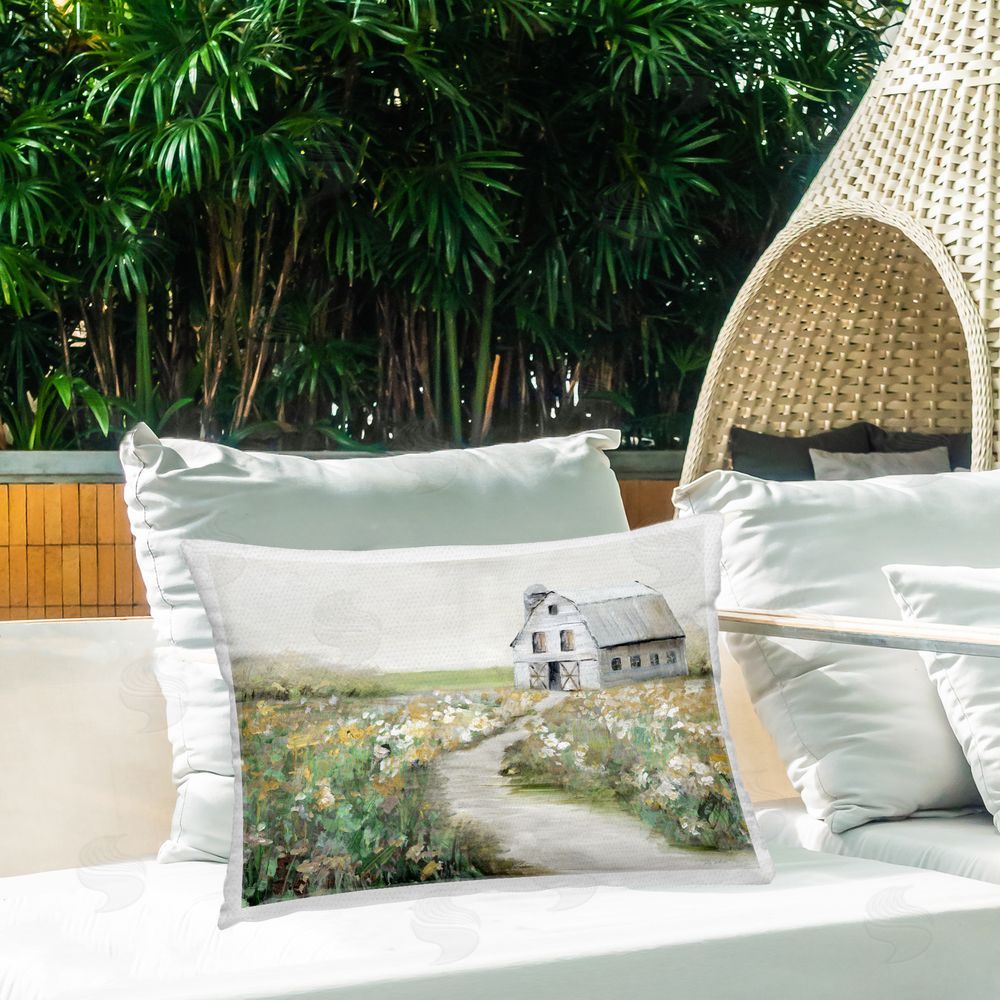 Sally Swatland Farmyard Path to Barn Outdoor Quick-Dry Polyester Printed Throw Pillow in Back Yard