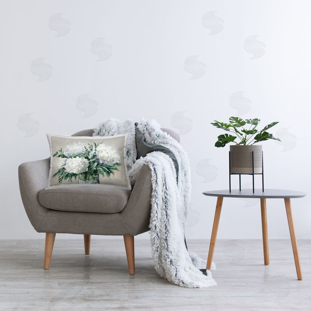 Alex Black Full Hydrangeas in White Printed Plush Polyester Throw Pillow On Chair