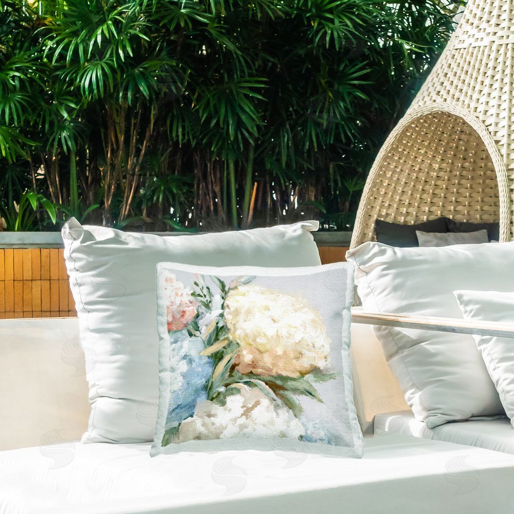 Alex Black Close Up Hydrangea Blossom Outdoor Quick-Dry Polyester Printed Throw Pillow in Back Yard