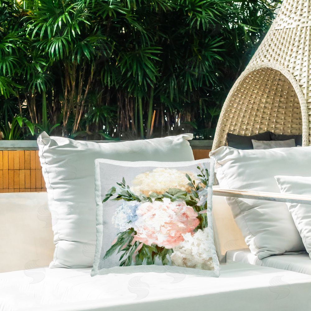 Alex Black Pastel Hydrangea Blossoms Outdoor Quick-Dry Polyester Printed Throw Pillow in Back Yard