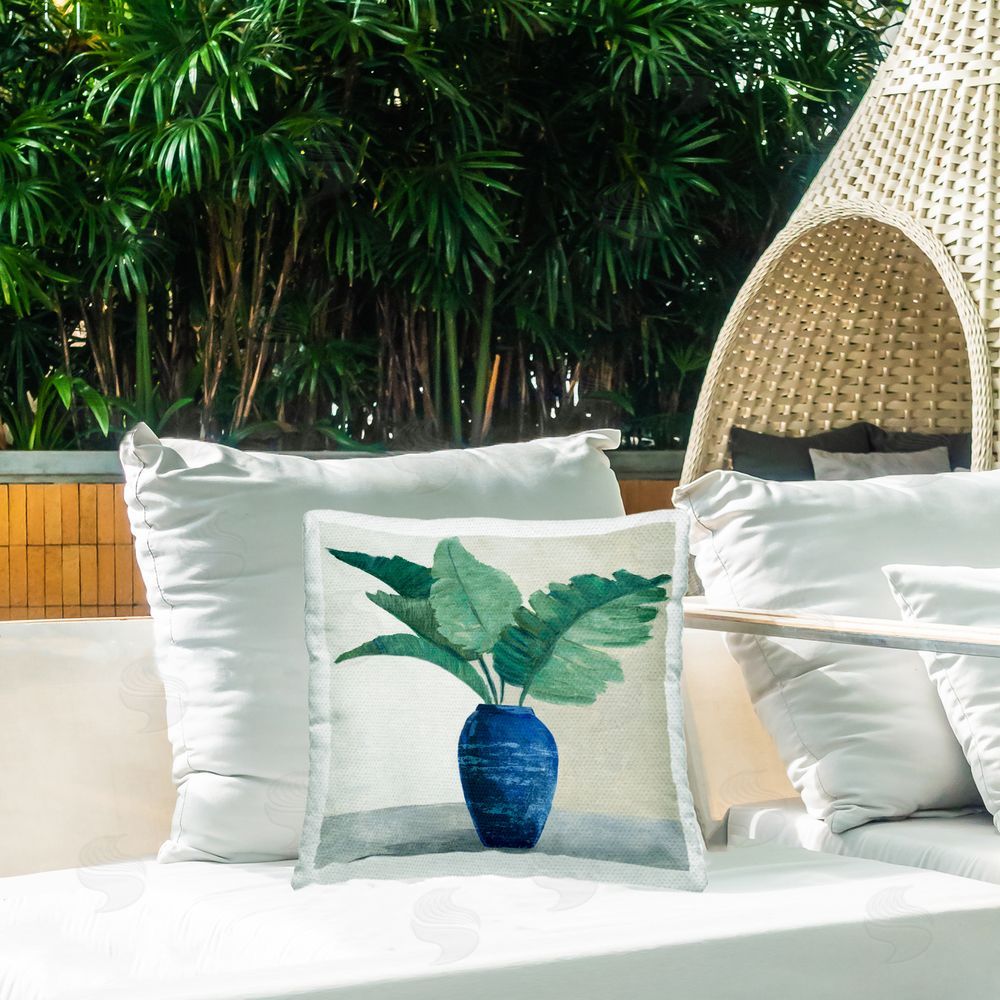 Jacob Q Fan Palms in Vase Outdoor Quick-Dry Polyester Printed Throw Pillow in Back Yard
