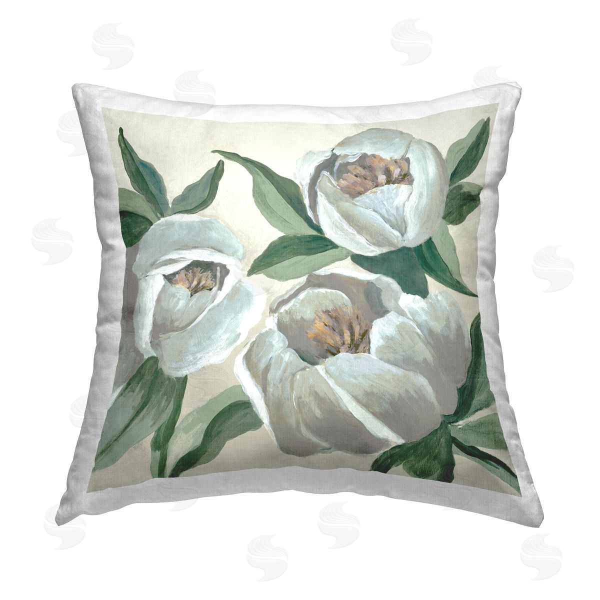 Jacob Q Round White Peonies Printed Plush Polyester Throw Pillow