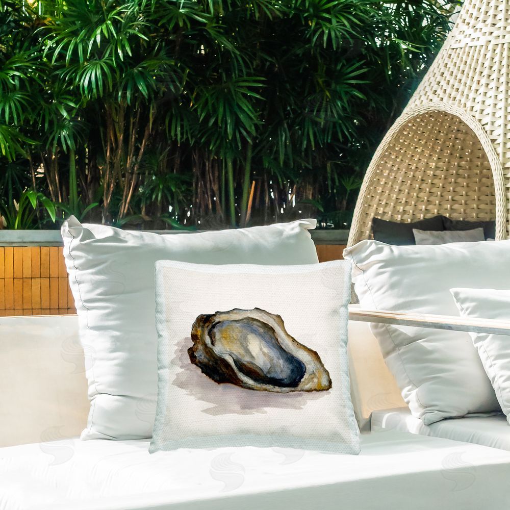Jacob Q Oyster Shell on Beige Outdoor Quick-Dry Polyester Printed Throw Pillow in Back Yard