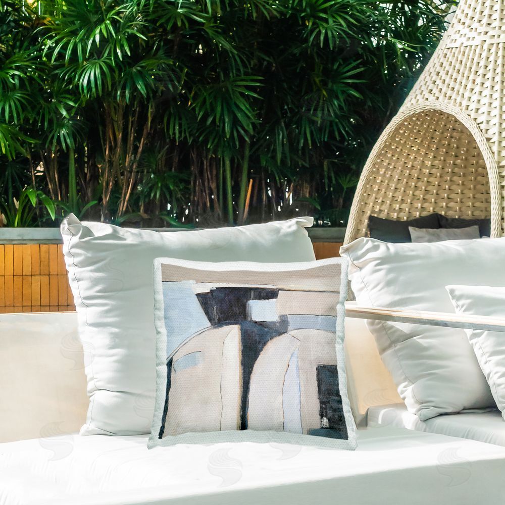 Jacob Q Southwestern Beige & Grey Outdoor Quick-Dry Polyester Printed Throw Pillow in Back Yard