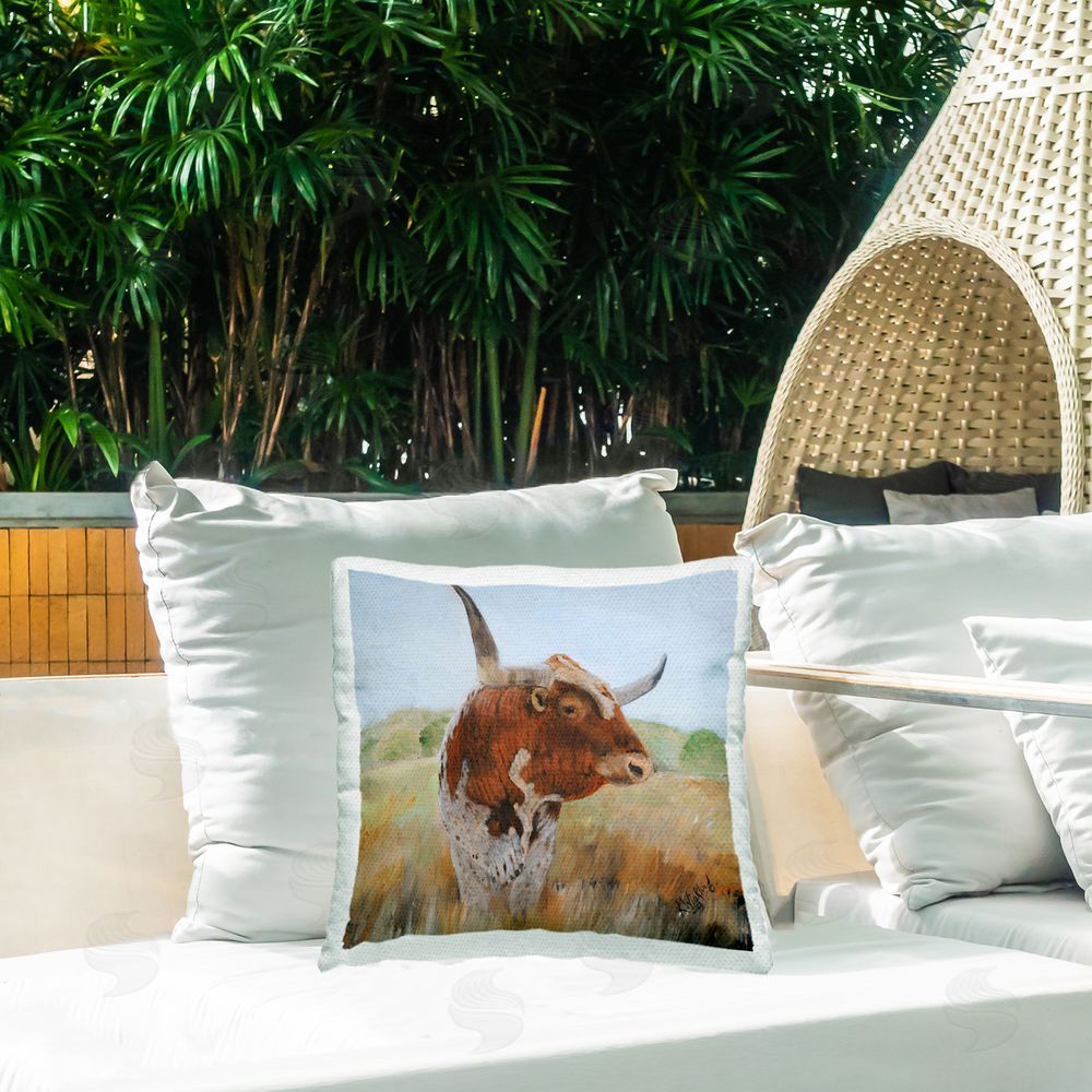 Kathy Winkler Longhorn in Country Grasses Outdoor Quick-Dry Polyester Printed Throw Pillow in Back Yard