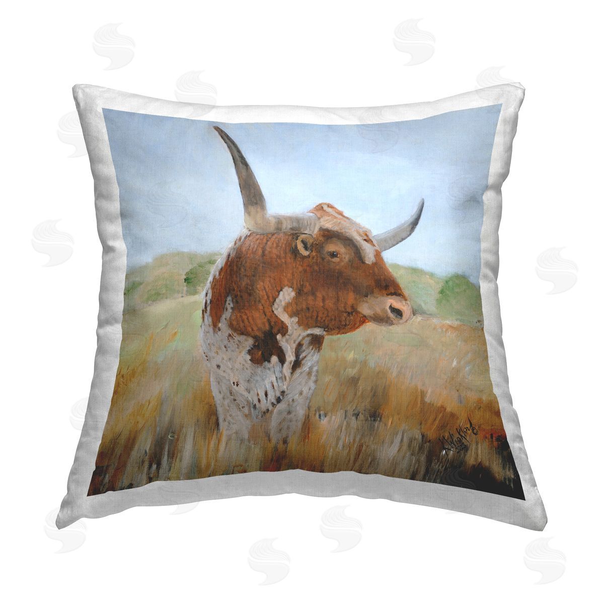 Kathy Winkler Longhorn in Country Grasses Printed Plush Polyester Throw Pillow