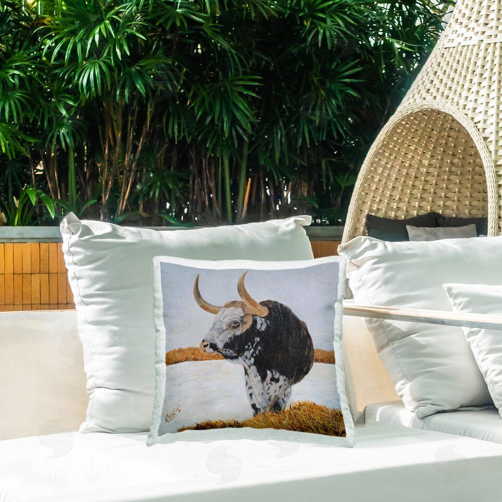 Kathy Winkler Country Longhorn by Stream Outdoor Quick-Dry Polyester Printed Throw Pillow in Back Yard