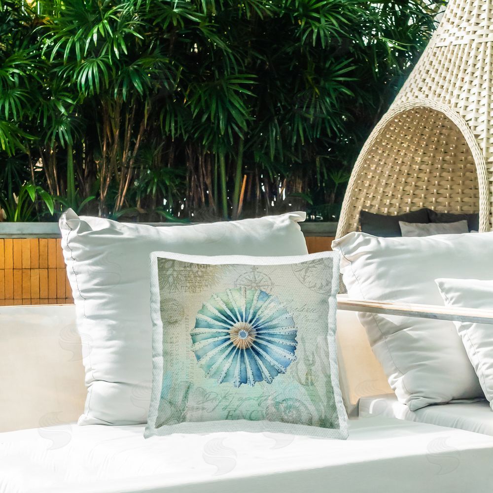Andrea Haase Vintage Marine Sea Urchin Outdoor Quick-Dry Polyester Printed Throw Pillow in Back Yard