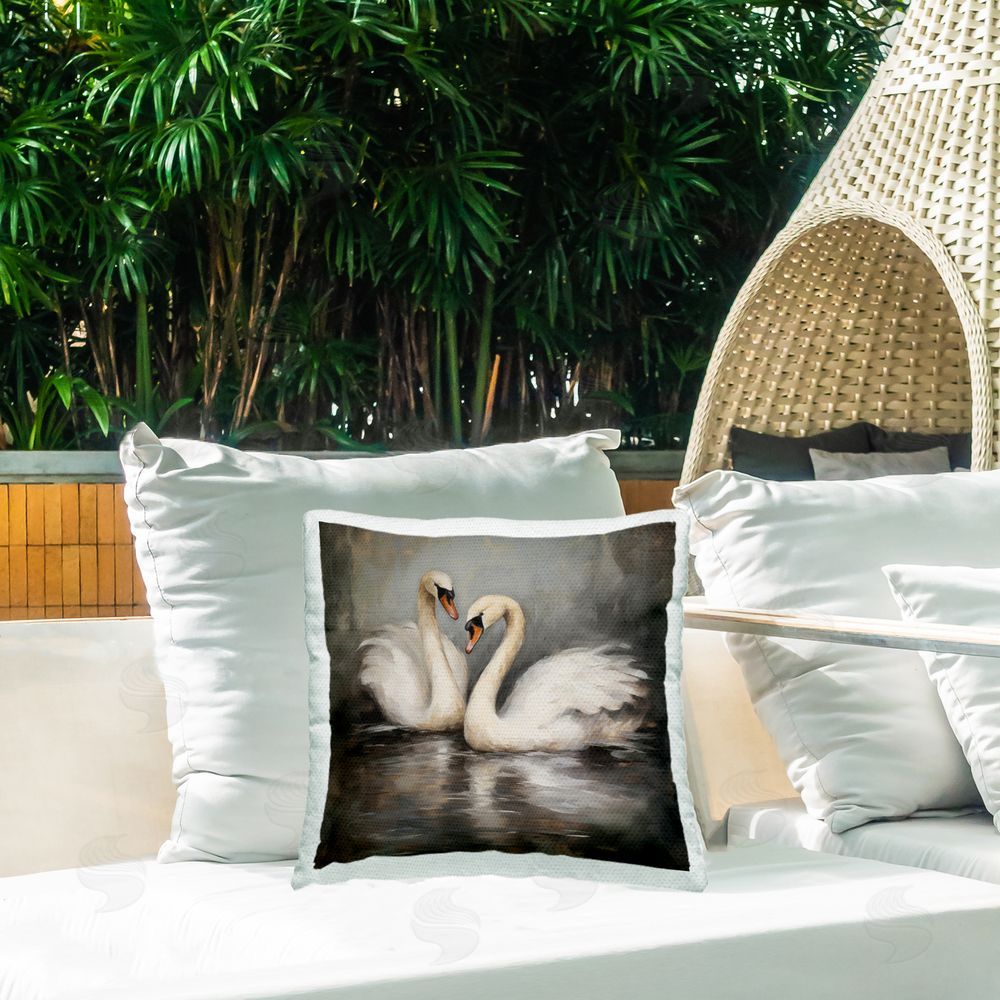 Novae Swan Duo Water Reflection Outdoor Quick-Dry Polyester Printed Throw Pillow in Back Yard