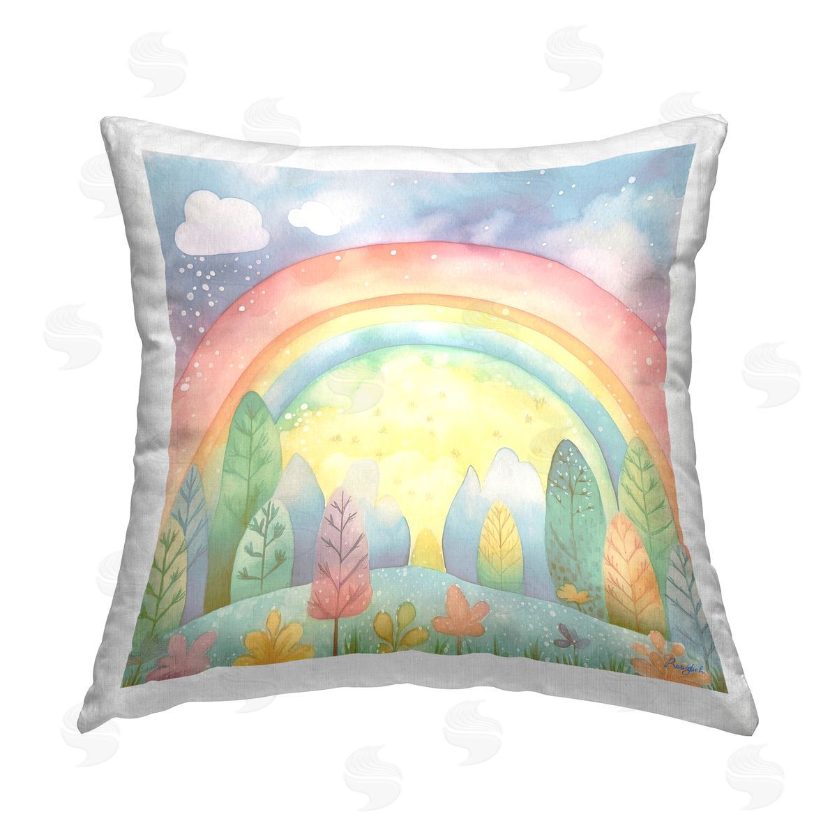 Roozbeh Pastel Rainbow & Rain Clouds Printed Plush Polyester Throw Pillow