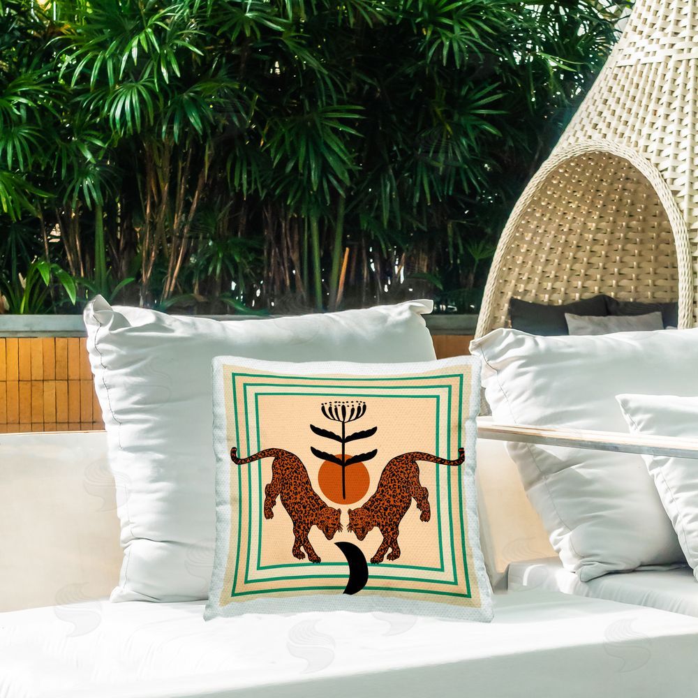 Melissa Wang Symmetrical Tropical Leopards Outdoor Quick-Dry Polyester Printed Throw Pillow in Back Yard