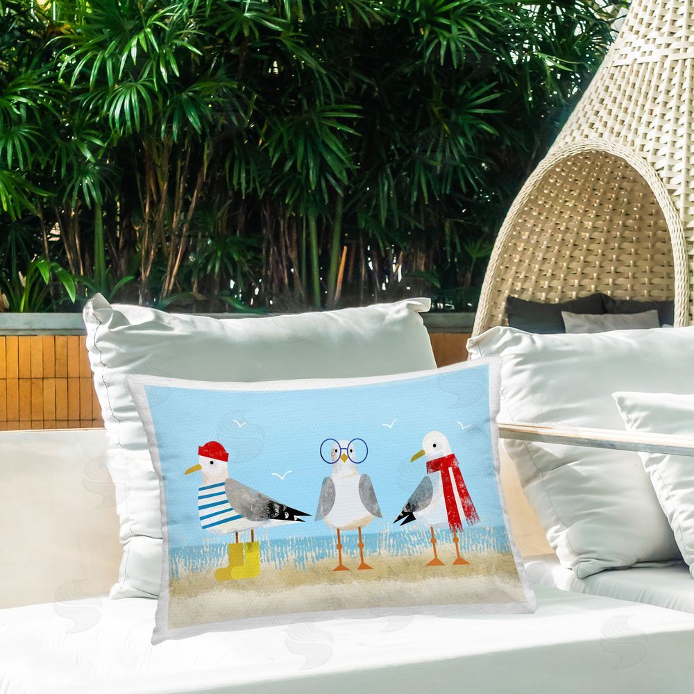 Victoria Barnes Seagulls in Winter Clothes Outdoor Quick-Dry Polyester Printed Throw Pillow in Back Yard