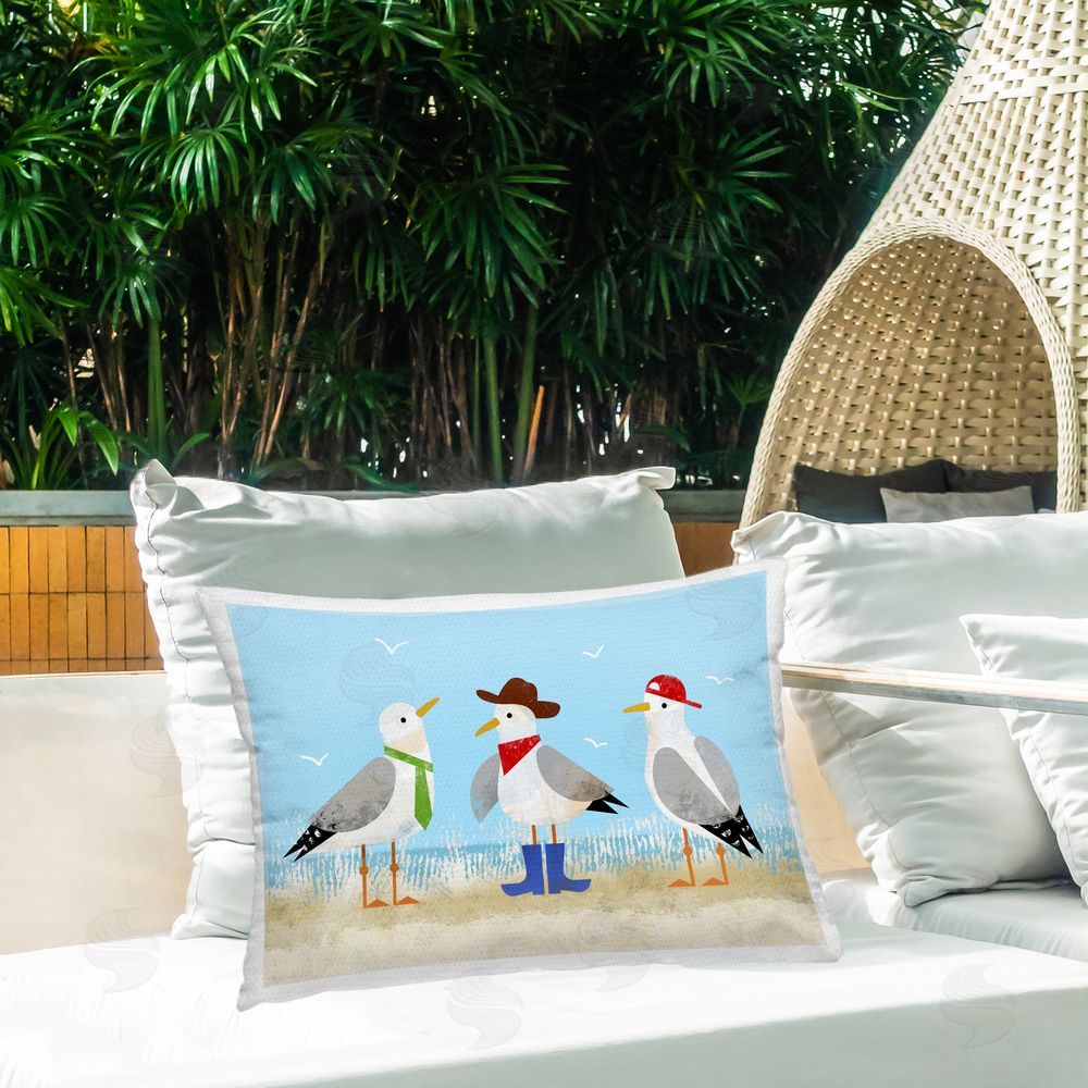 Victoria Barnes Dressed Seagulls on Beach Outdoor Quick-Dry Polyester Printed Throw Pillow in Back Yard