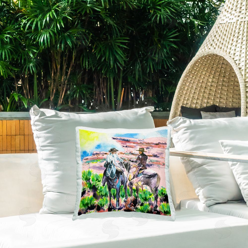 Melissa Wang Sunny Canyon Cowboys Outdoor Quick-Dry Polyester Printed Throw Pillow in Back Yard