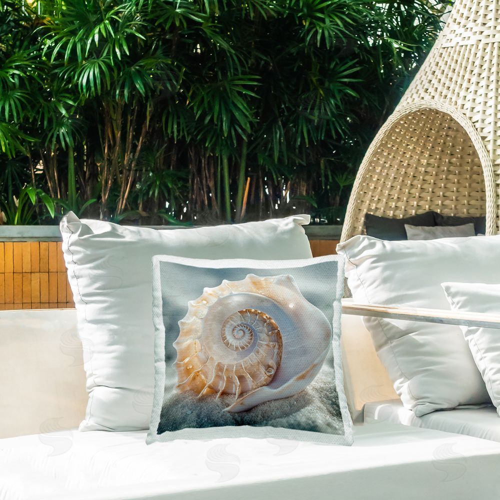 Steve Hunziker Detailed Seashell on Sand Outdoor Quick-Dry Polyester Printed Throw Pillow in Back Yard