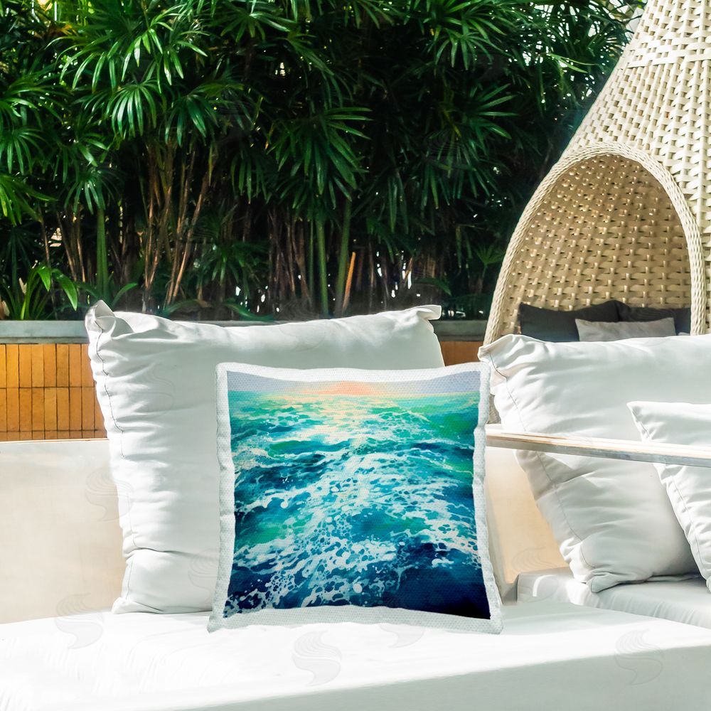 Irena Orlov Sunset over Crashing Sea Outdoor Quick-Dry Polyester Printed Throw Pillow in Back Yard