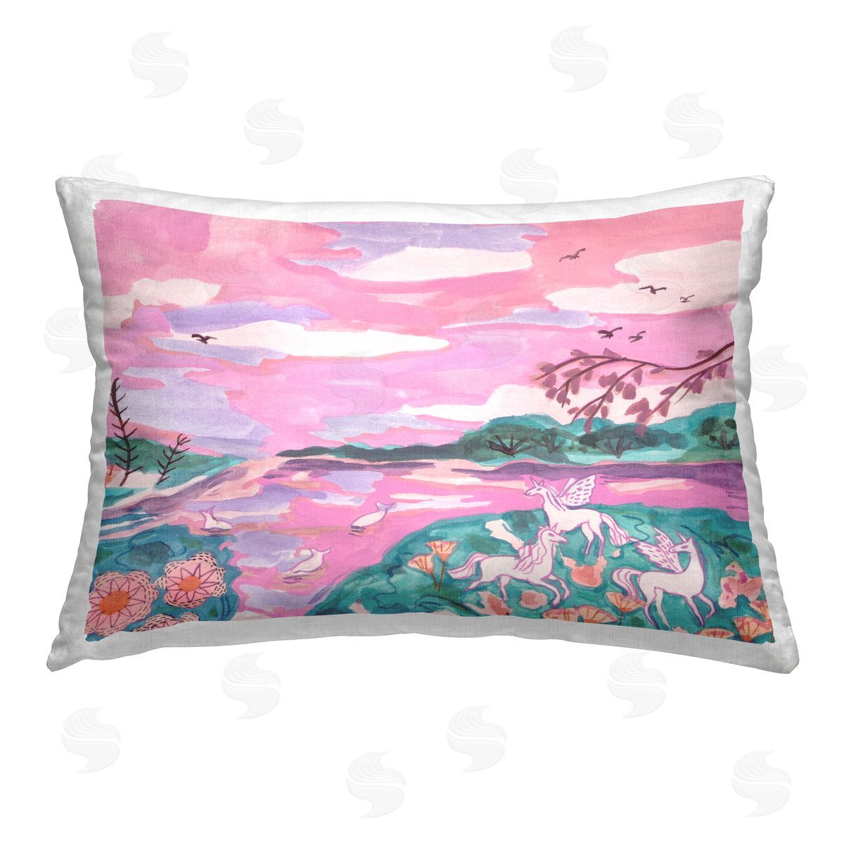 Melissa Wang Pink Whimsical Unicorns Printed Plush Polyester Throw Pillow